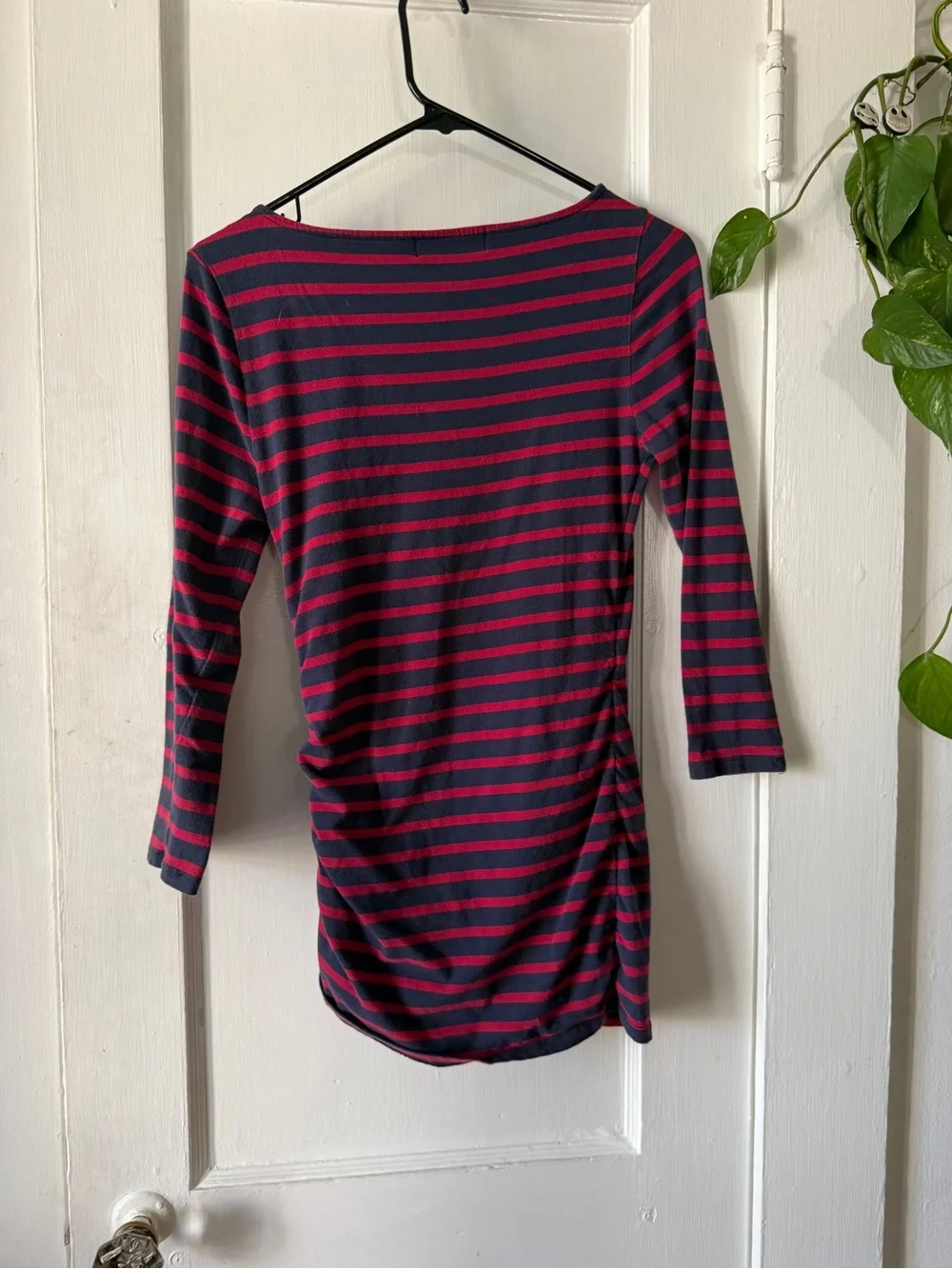 Michael Kors Navy and Red Striped Long Sleeve Ruched Side Top size S